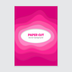 Vector banner with abstract 3d paper cut shapes. Vertical background with pink paper and white copyspace in center
