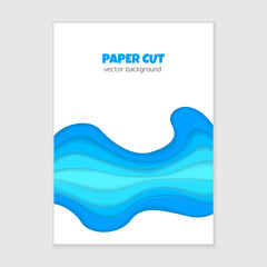 Vector banner with abstract 3d paper cut shapes. Vertical background with blue paper waves