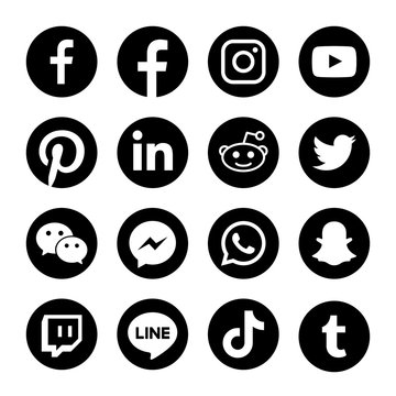 Round circle black & white social media or social network flat vector icon for apps and websites