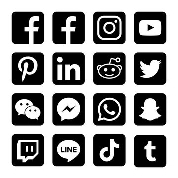 Black & white square social media or social network flat vector icon for apps and websites