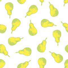 Vector set of seamless patterns with wonderful colorful tasty nice pears, hand-drawn in graphic, real-style at the same time. Seasonal color green. Green leaf. The scattered, juicy whole fresh pears