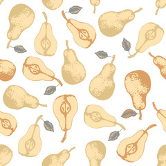 Vector set of seamless patterns with wonderful colorful tasty nice pears, hand-drawn in graphic, real-style at the same time. Seasonal color green. Green leaf. The scattered, juicy whole pears, halves