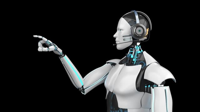 Humanoider Roboter mit Headset klickt auf dem Bildschirm 4k Video Animation
