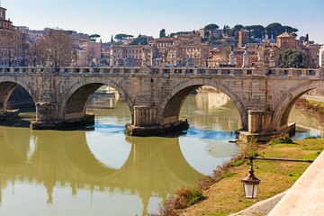 Rome, Italy, February 20, 2017 - view of Rome, Italy. Tiber River with bridges in Rome. Beautiful scenic panorama of Rome city.