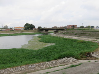 an old bridge over a canal overgrown with vegetation