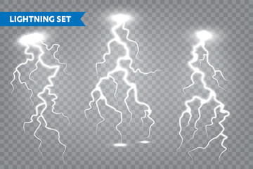 Realistic lightning collection on transparent background. Thunderstorm and lightning bolt. Sparks of light. Stormy weather effect. Vector illustration.