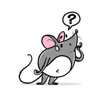 Vector illustration of cute hand drawn grey mouse character wondering standing isolated on white background. 2020 year mascot. For prints, cards, kid design, banners, stickers etc.