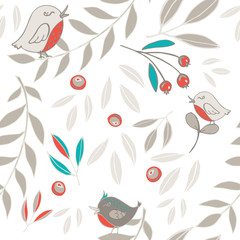 Seamless autumn background with birds, leaves and red berries.
