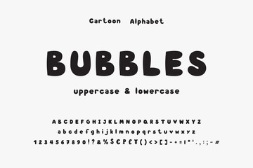 Bubble vector alphabet. Uppercase and lowercase English letters, numbers, signs and currency symbols. Hand drawn bold font for cute cartoon designs