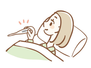 ベッドで体温を測る女性のイラスト