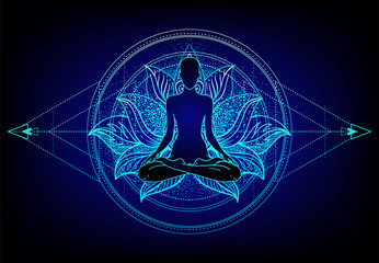 Chakra concept. Inner love, light and peace. Buddha silhouette in lotus position over colorful ornate mandala. Vector illustration isolated. Buddhism esoteric motifs. - obrazy, fototapety, plakaty