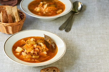 Vegetable soup with pickled cucumbers and rice 