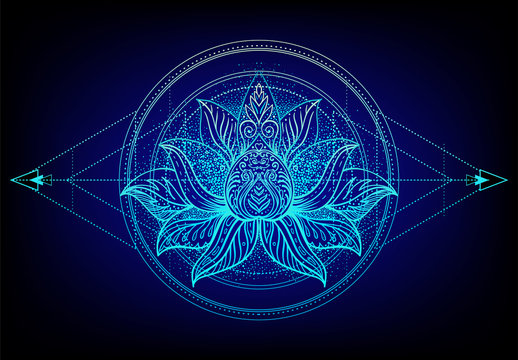 Vector ornamental Lotus flower, ethnic art, patterned Indian paisley. Hand drawn illustration. Invitation element. Tattoo, astrology, alchemy, boho and magic symbol.