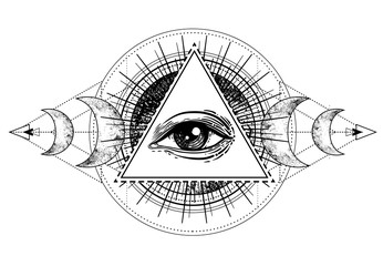 Eye of Providence. Masonic symbol. All seeing eye inside triple moon pagan Wicca moon goddess symbol. Vector illustration. Tattoo, astrology, alchemy, boho and magic symbol.