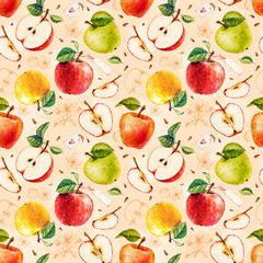 Apples. Watercolor botanical illustration. Pattern