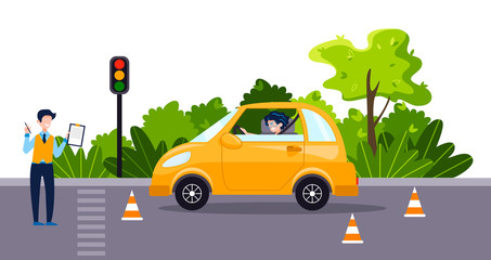 A driving instructor teach a happy young woman to drive an yellow car. Driving school concept, driver's license, traffic rules and test. Vector flat illustration. Natural landscape on the background.