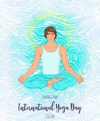 Obraz na płótnie Canvas Yoga card design. Beautiful Caucasian Man sitting in Lotus position. Colorful template for spiritual retreat or yoga studio. Ornamental business cards. Vector illustration.