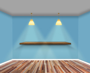 Shelf on wall in Show Room.  Wall and wooden floor interior background, Template for product display and copy space