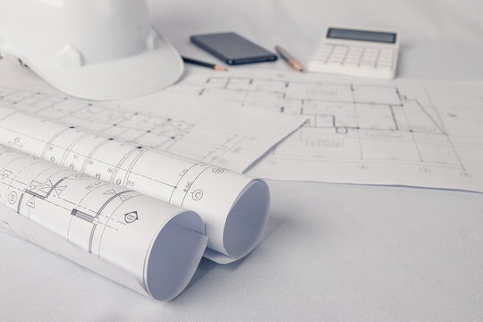 Architect, engineer concept, Represents the working style of architects, engineers With construction drawings
