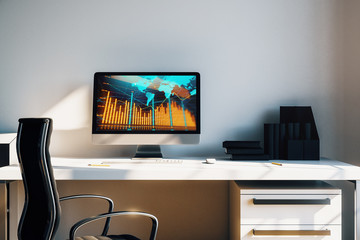 Cabinet desktop interior with financial charts and world map on computer screen. Concept of international market analysis and trading. 3d rendering.