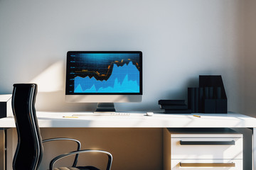 Cabinet desktop interior with financial charts and graphs on computer screen. Concept of stock market analysis and trading. 3d rendering.