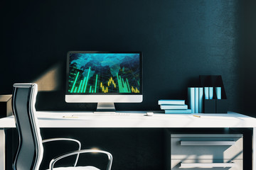 Cabinet desktop interior with financial charts and world map on computer screen. Concept of international market analysis and trading. 3d rendering.