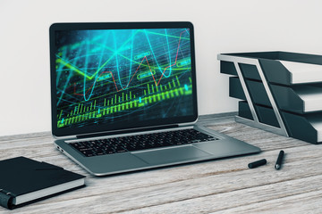 Laptop closeup with forex graph on computer screen. Financial trading and education concept. 3d rendering.