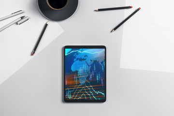 Digital tablet closeup top view with financial graph and partial world map on screen. Online international trading application concept. 3d rendering.