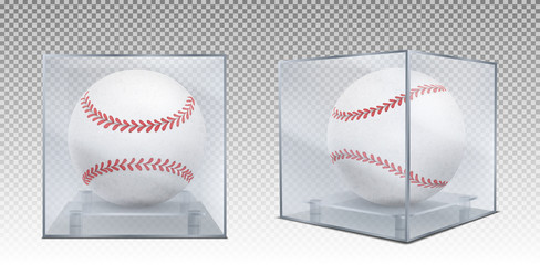 Baseball balls in glass case front and corner view. Sports game trophy, prize in plastic box for display isolated on transparent background. Tournament sport equipment Realistic 3d vector illustration