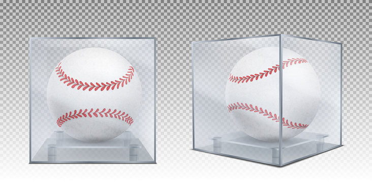 Baseball Balls In Glass Case Front And Corner View. Sports Game Trophy, Prize In Plastic Box For Display Isolated On Transparent Background. Tournament Sport Equipment Realistic 3d Vector Illustration