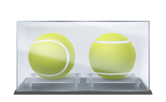 Tennis Balls In Glass Or Plastic Case, Sports Game Trophy Or Prize In Protective Transparent Container Isolated On White Background. Racket Sport Inventory Mockup. Realistic 3d Vector Illustration