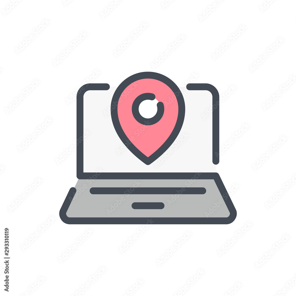 Poster online map color line icon. laptop with location pointer vector outline colorful sign.