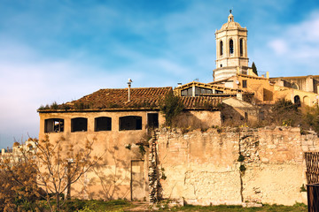 Fototapeta premium Girona Cathedral, Cathedral of Saint Mary of Girona, in winter day, Girona landmark