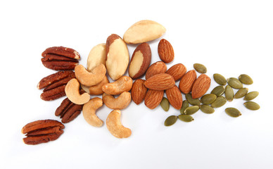 Mixed nuts are a snack food consisting of any mixture of mechanically or manually combined nuts.  Almonds, walnuts, Brazil nuts, cashews, hazelnuts, and pecans are common constituents of mixed nuts.