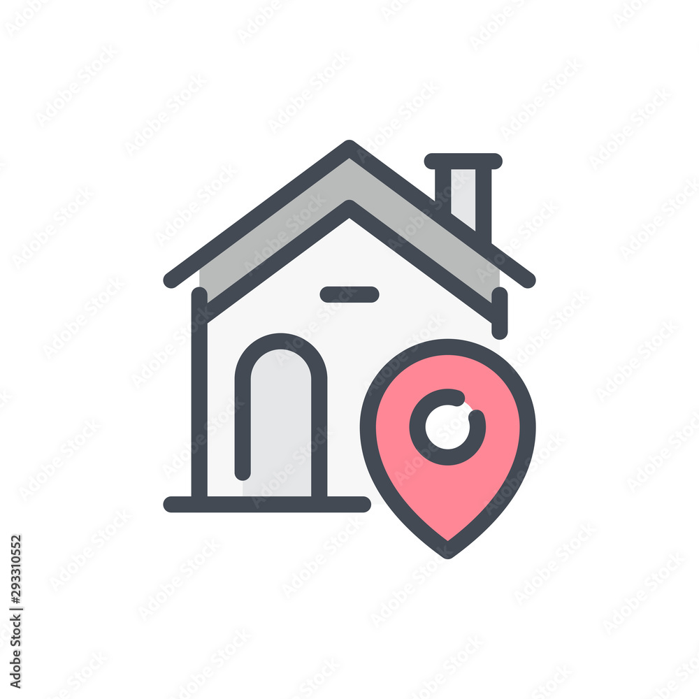 Poster home location color line icon. house with pointer vector outline colorful sign.