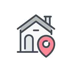 Home location color line icon. House with pointer vector outline colorful sign.