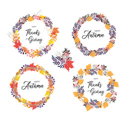 Autumn flowers set, Autumn frame and wreath made of hand drawn autumn leaves and flowers design for greeting card wedding cover and Invitation.
