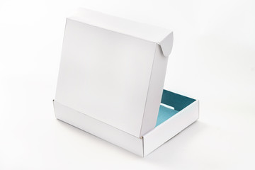 Open blue white carton box isolated on white background. Mock up template