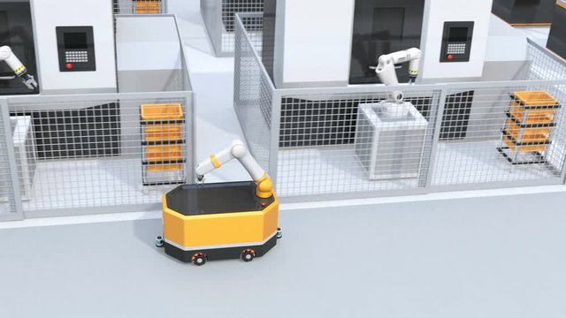 Mobile robot passing CNC robot cells in factory. Smart factory concept. 3D rendering animation.