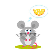Isolated cartoon sitting gray mouse on white background. Frendly mouse think about food, cheese. Animal funny personage. Flat design.