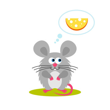 Isolated cartoon sitting gray mouse on white background. Frendly mouse think about food, cheese. Animal funny personage. Flat design.