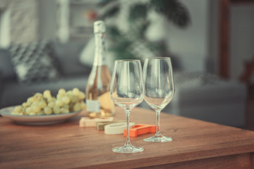 Two wine glasses, grape and wine bottle