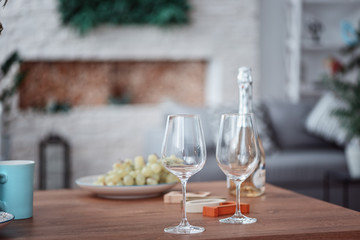 Two wine glasses, grape and wine bottle