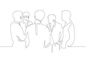 A continuous line drawing of a crowd of men in suits, one of them says the rest are watching and listening to him. The concept of discussion, friendship, informal conversation, successful negotiations
