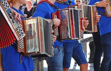 Group of young accordion players - obrazy, fototapety, plakaty