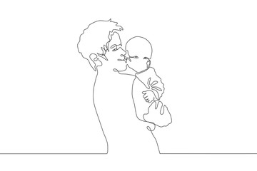 continuous line art man smiles and carefully holds the baby. Concept of family, happy parenthood, father's day. It can be used for animation.