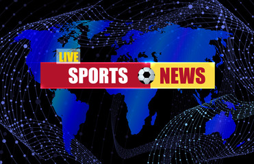 Vector Sports News Background with World Map Silhouette and Soccer Ball Sign, Deep Blue Color.