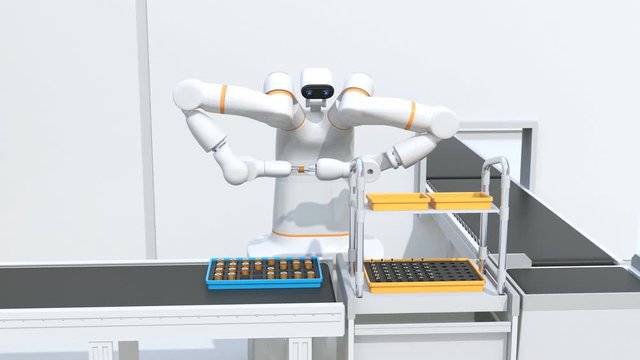 Dual-arm robot assembly motor coils in cell-production space. Collaborative robot concept. Original design. 3D rendering animation.