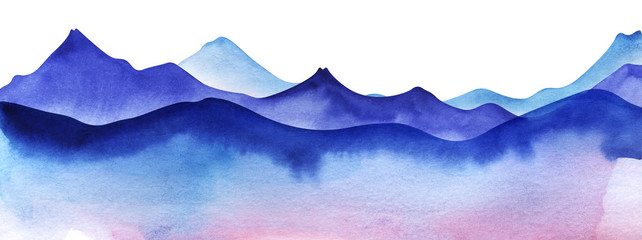 Silhouette of watercolor mountains. Colored Light and bright blue mountain ranges. Decorative element page design. Gradient from dark to pale Mountain border. Hand drawn illustration on texture paper