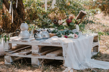 Wedding decor in the style of a boho. Wedding bouquet, visiting ceremony, concept